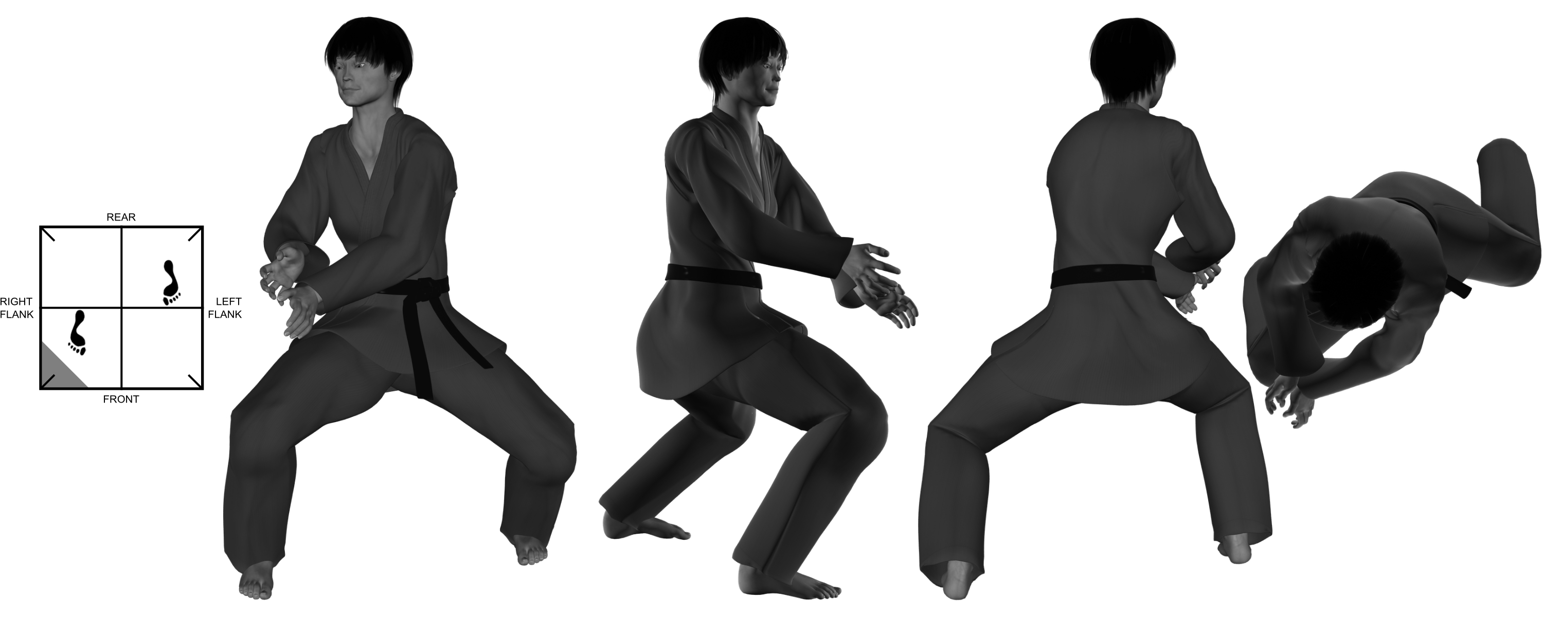 3) (left) downward diagonal heel-palm from (right) neutral bow