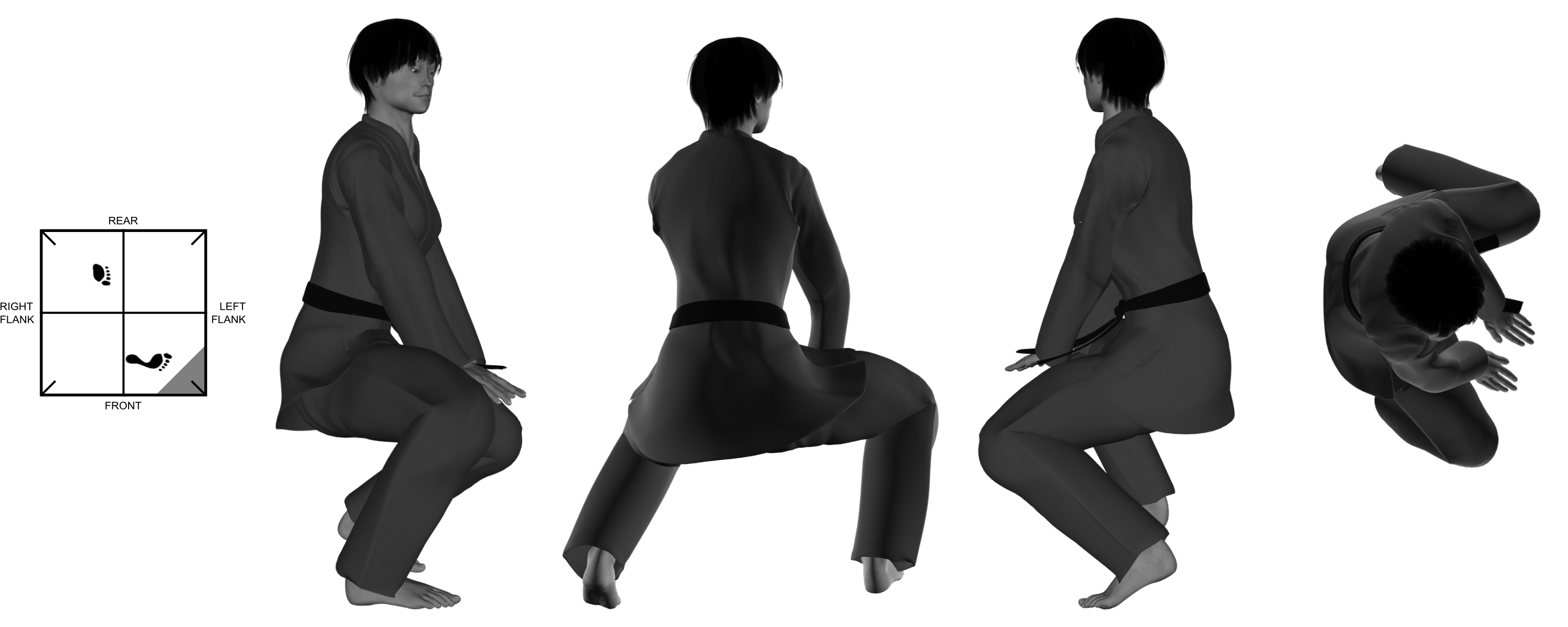 8) (double) downward heel-palms from (right) wide kneel