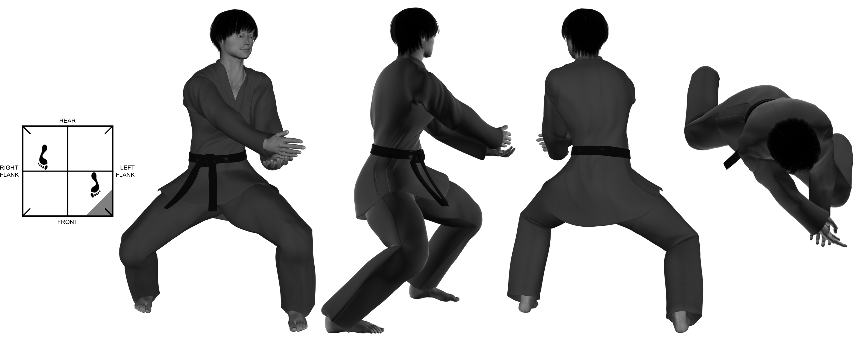 5) (right) downward diagonal hand-sword from (left) neutral bow