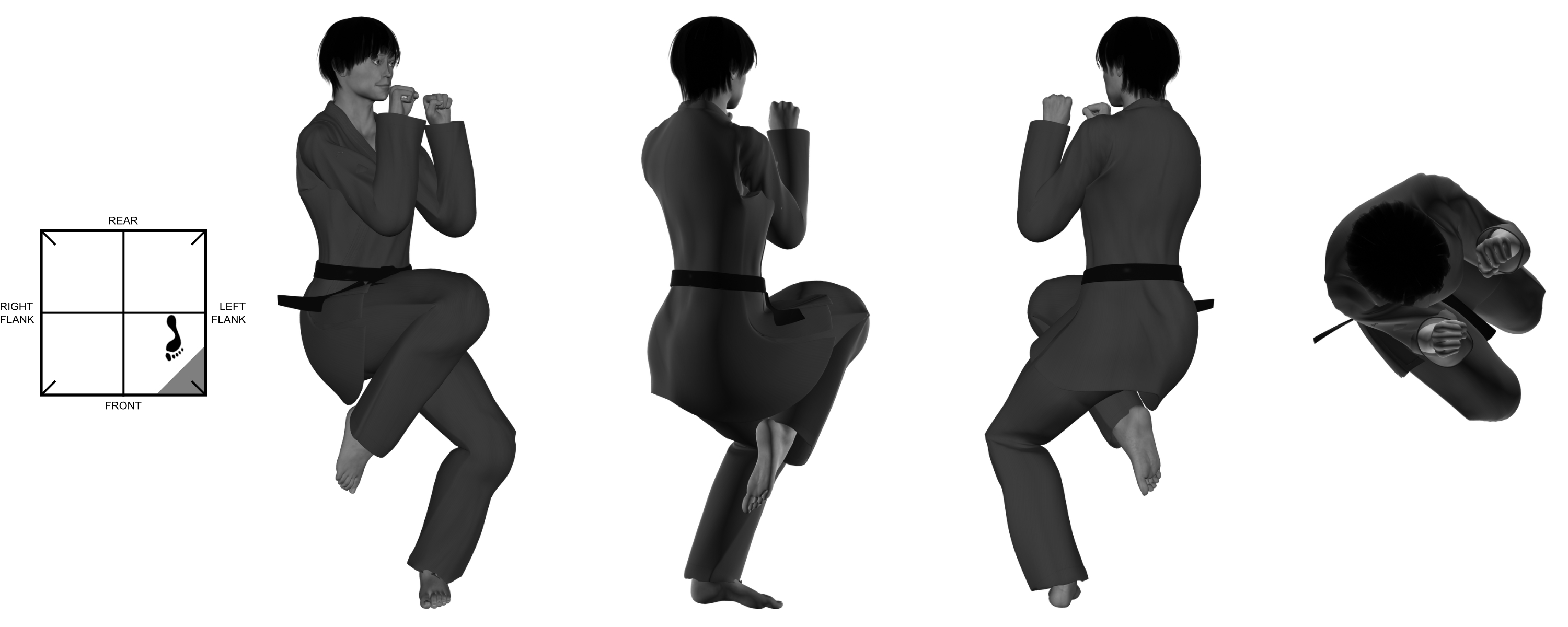 1d) (right) knee kick from (left) one-legged stance