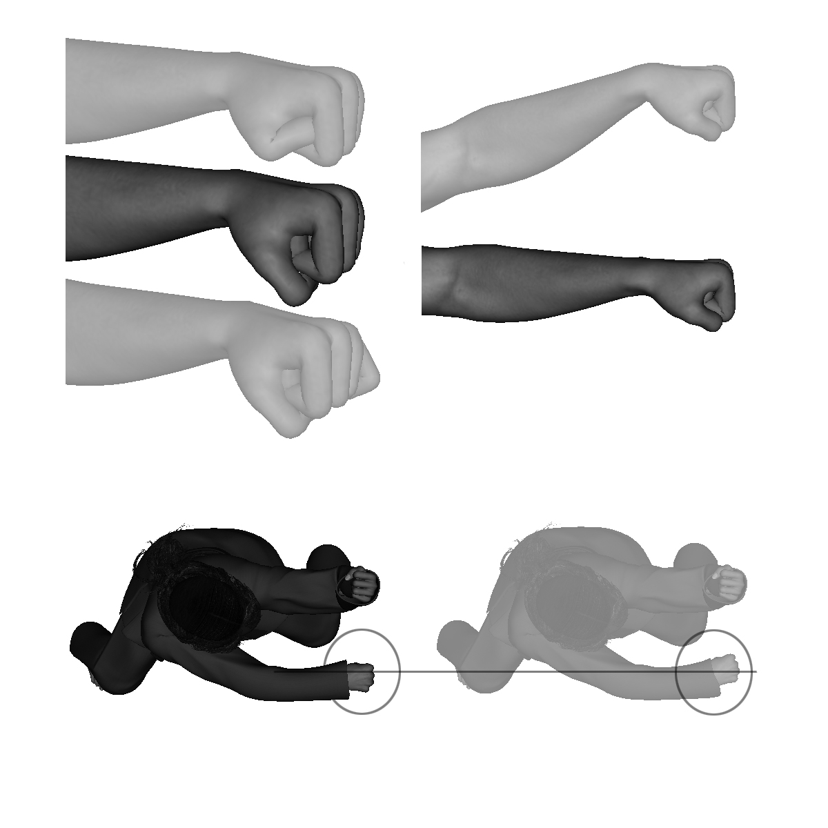 Examples of bad Straight Punch - weapon formation / angle (formation - tucked thumb / hanging pinky finger) (wrist: vertical angle - over bent) (wrist: horizontal angle - contact with wrong knuckles) Examples of bad Straight Punch - weapon formation / angle (formation - tucked thumb / hanging pinky finger) (wrist: vertical angle - over bent) (wrist: horizontal angle - contact with wrong knuckles)
