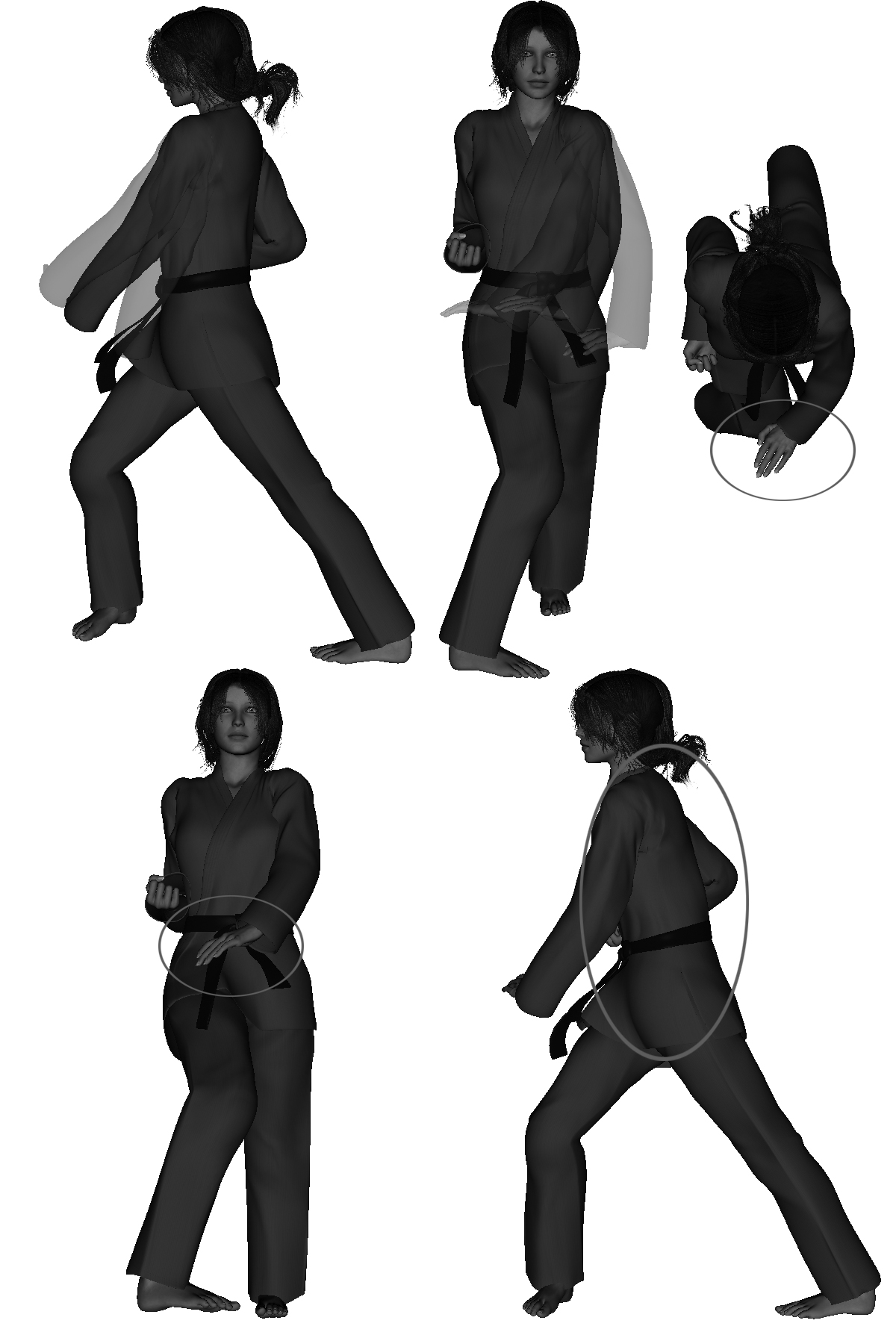 Examples of improper Inside Downward - Palm Down Block execution (improper depth - far / close, width - narrow / wide, improper hand rotation, improper wrist bend, leaning)