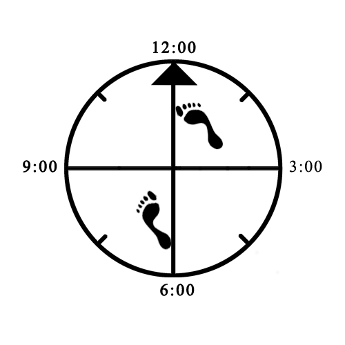 Example of improper foot rotation (rear - not pointing directly forward) for Forward Bow (right)