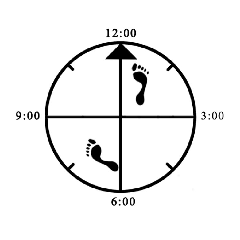 Example of improper foot rotation (front - not pointing forward at 45 degree angle) for Neutral Bow (right)