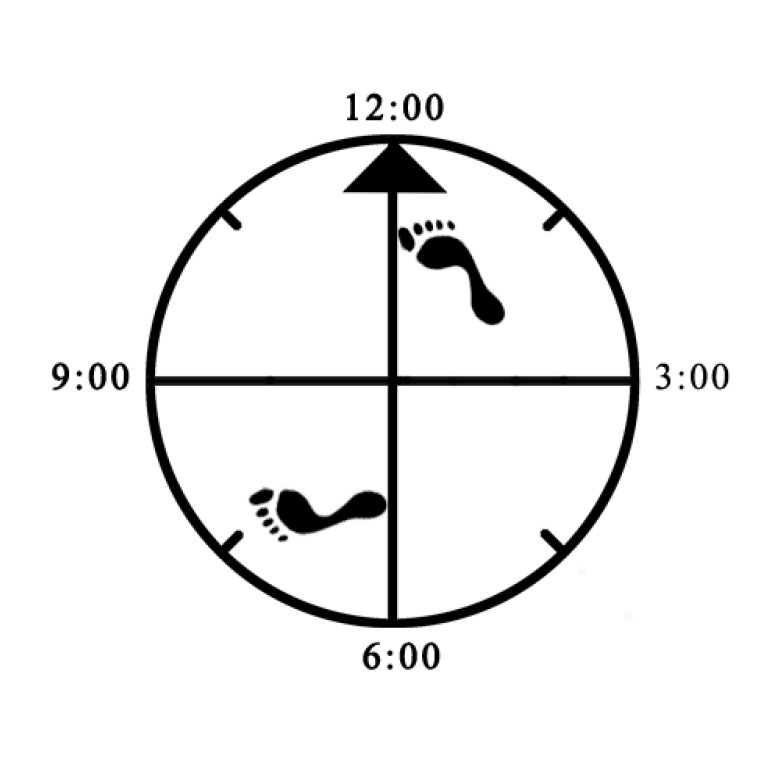 Example of improper foot rotation (rear - not pointing forward at 45 degree angle) for Neutral Bow (right)