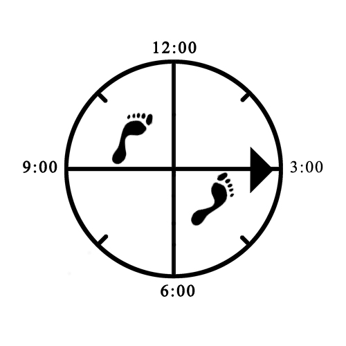 Example of improper foot rotation (both - not pointing directly to side) for offset Horse (right)