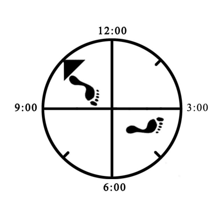 Example of improper foot positioning (front - heel not planted) for Reverse Bow (left)