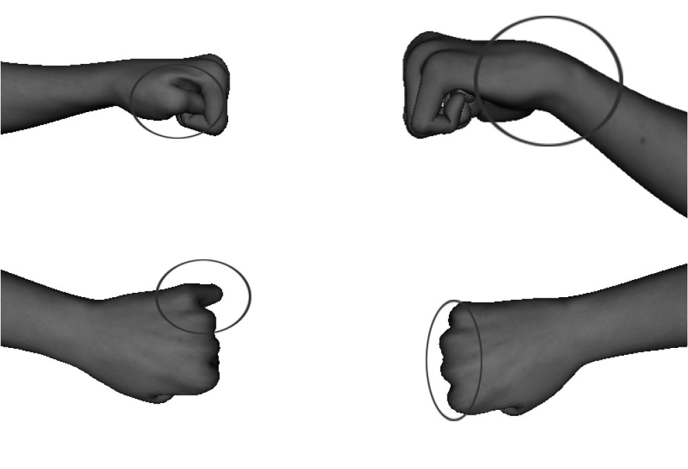 Examples of improper Straight Punch - weapon formation / alignment formation - tucked thumb / hanging pinky finger wrist: vertical angle - over bent, wrist: horizontal angle - contact with wrong knuckles