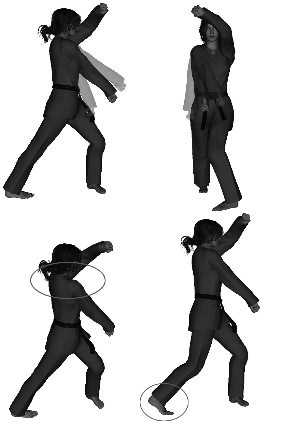 Examples of improper forward hammer-fist execution improper depth - close / far width - narrow / wide, over rotation, foot not flat