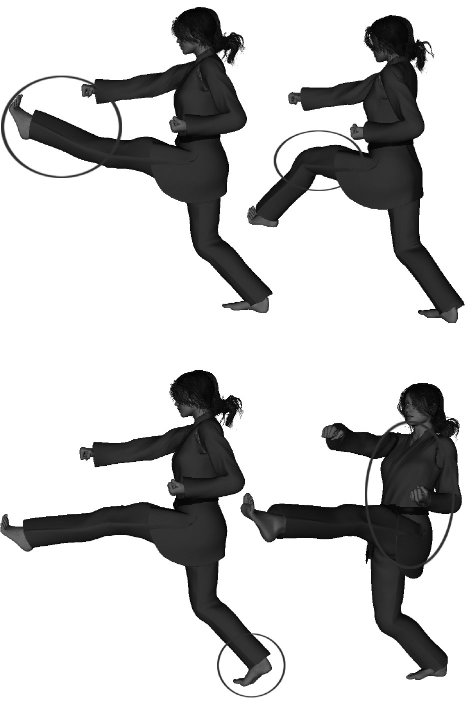 Examples of improper front kick execution knee hyper-extended & too high, knee under extended, foot not flat, leaning backwards