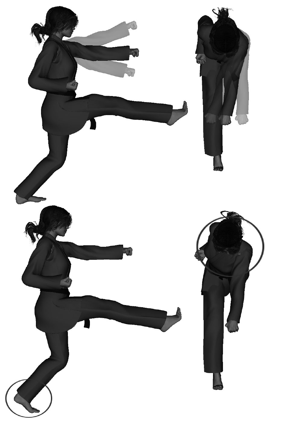 Examples of improper punch execution (with kick) improper height - high / low, width - narrow / wide, foot not flat, over rotation