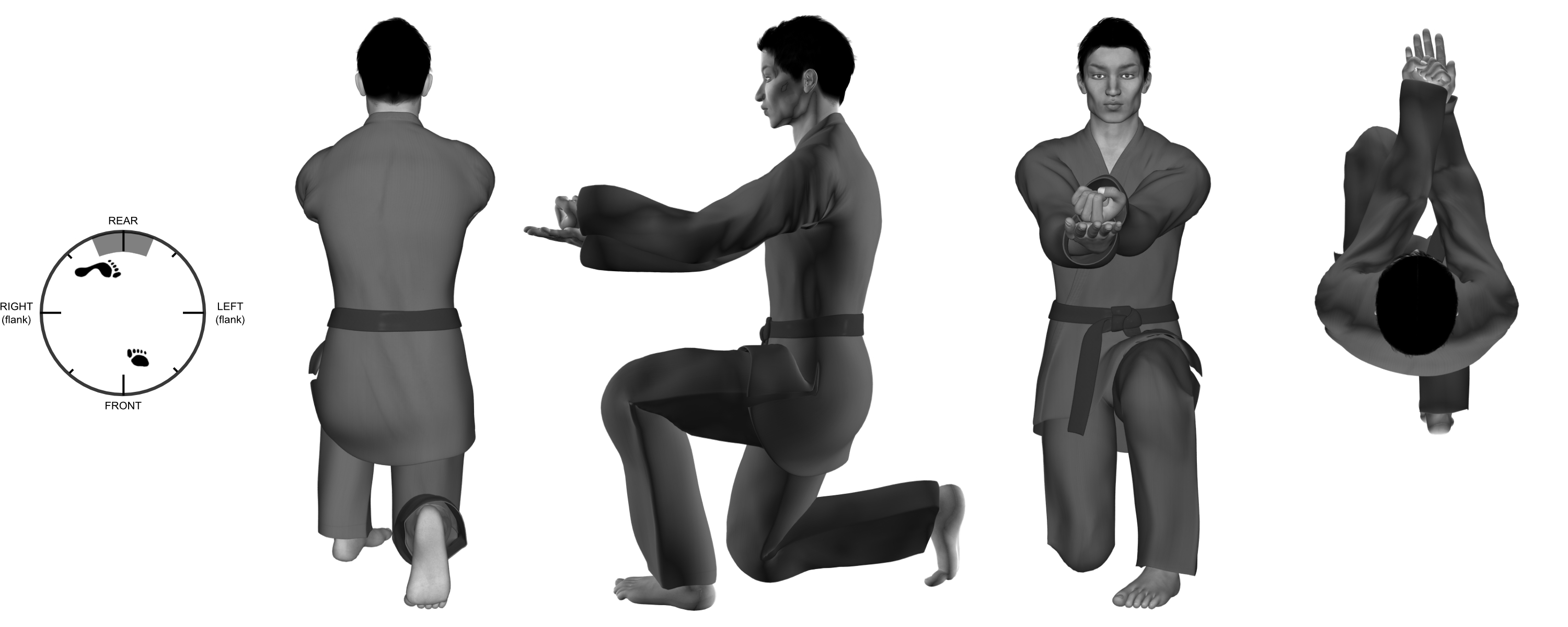 2) (left) downward back-knuckle from (left) close kneel(ing) stance 2) (left) downward back-knuckle from (left) close kneel(ing) stance