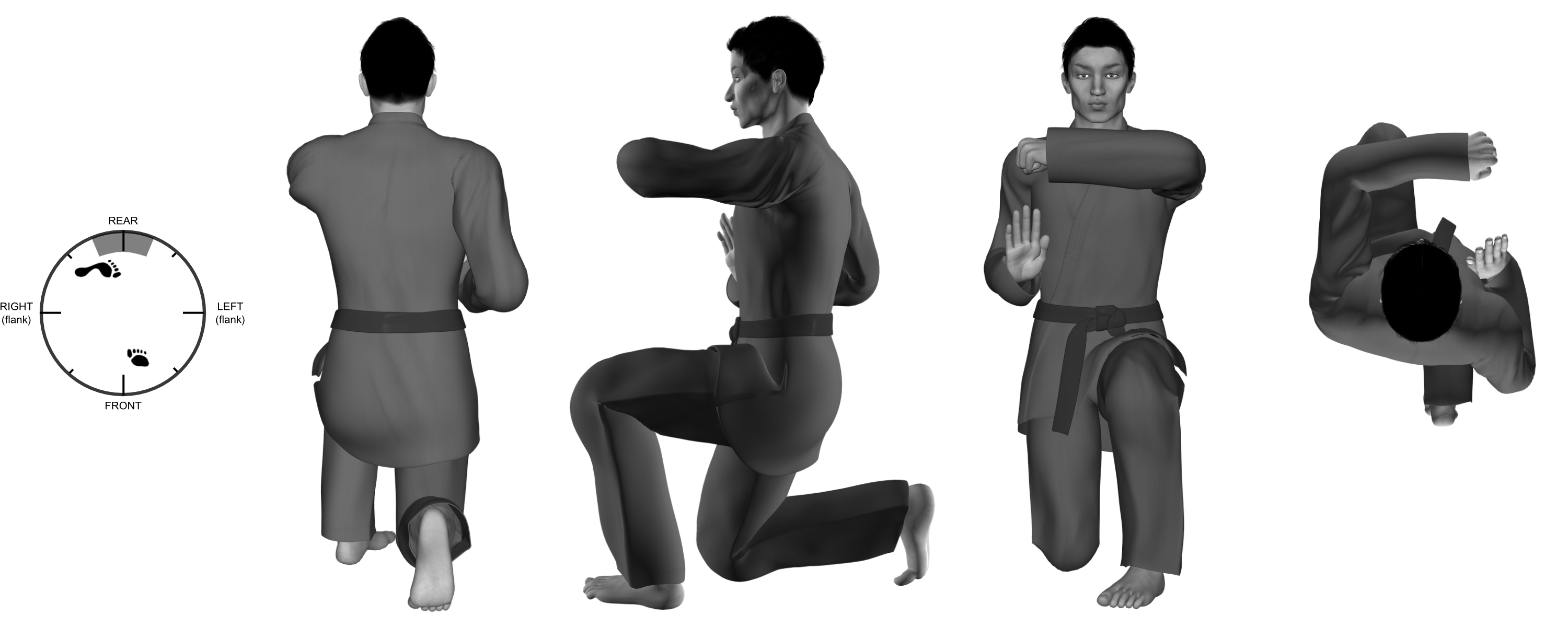 1a) (left) downward forearm from (left) close kneel(ing) stance 1a) (left) downward forearm from (left) close kneel(ing) stance