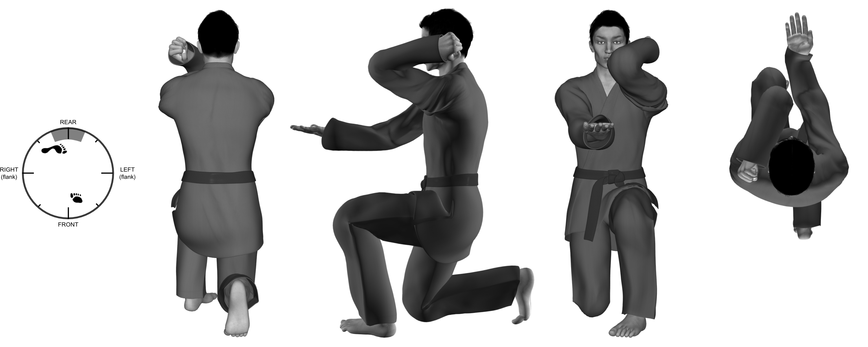 1c) (left) upward elbow with (right) upward heel-palm from (left) close kneel(ing) stance 1c) (left) upward elbow with (right) upward heel-palm from (left) close kneel(ing) stance