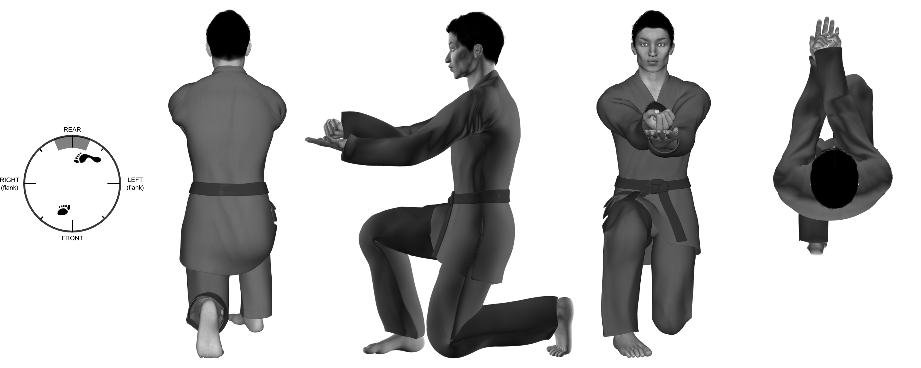 2) (right) downward back-knuckle from (right) close kneel(ing) stance 2) (right) downward back-knuckle from (right) close kneel(ing) stance