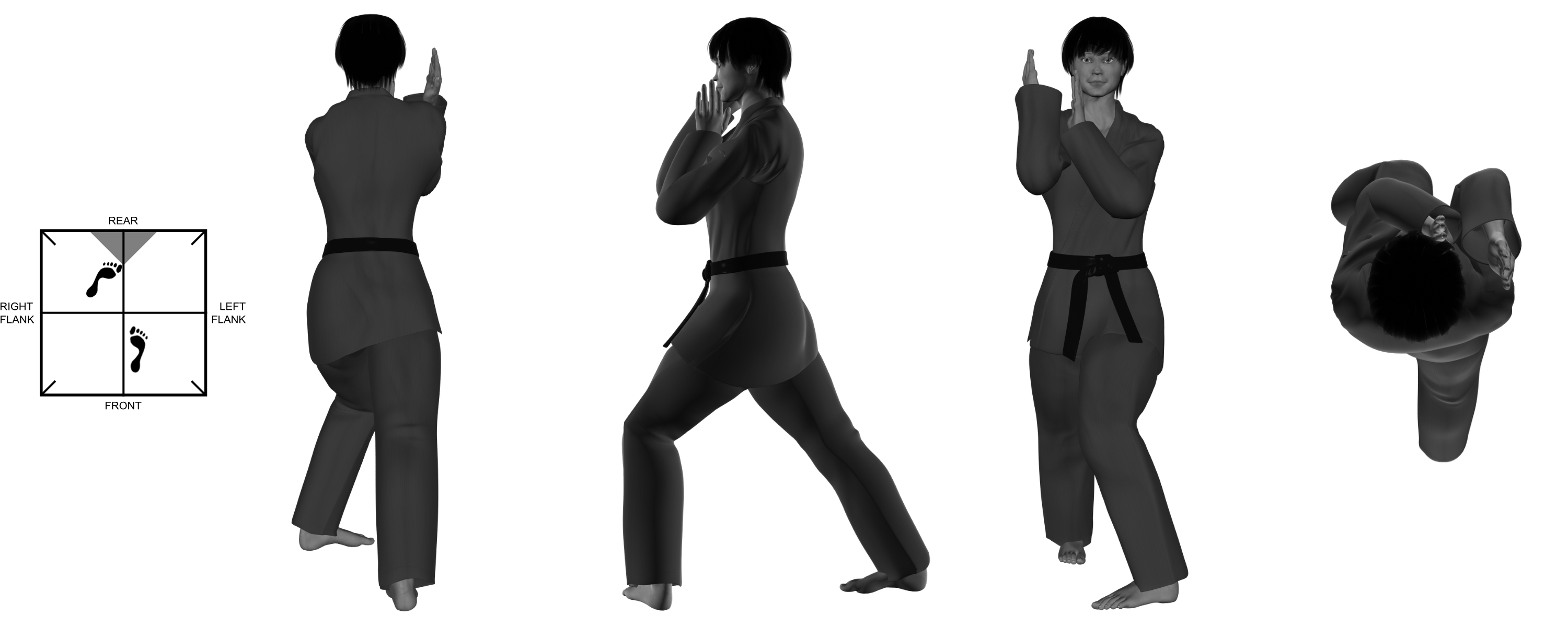 2) (right) upward elbow from (left) forward bow