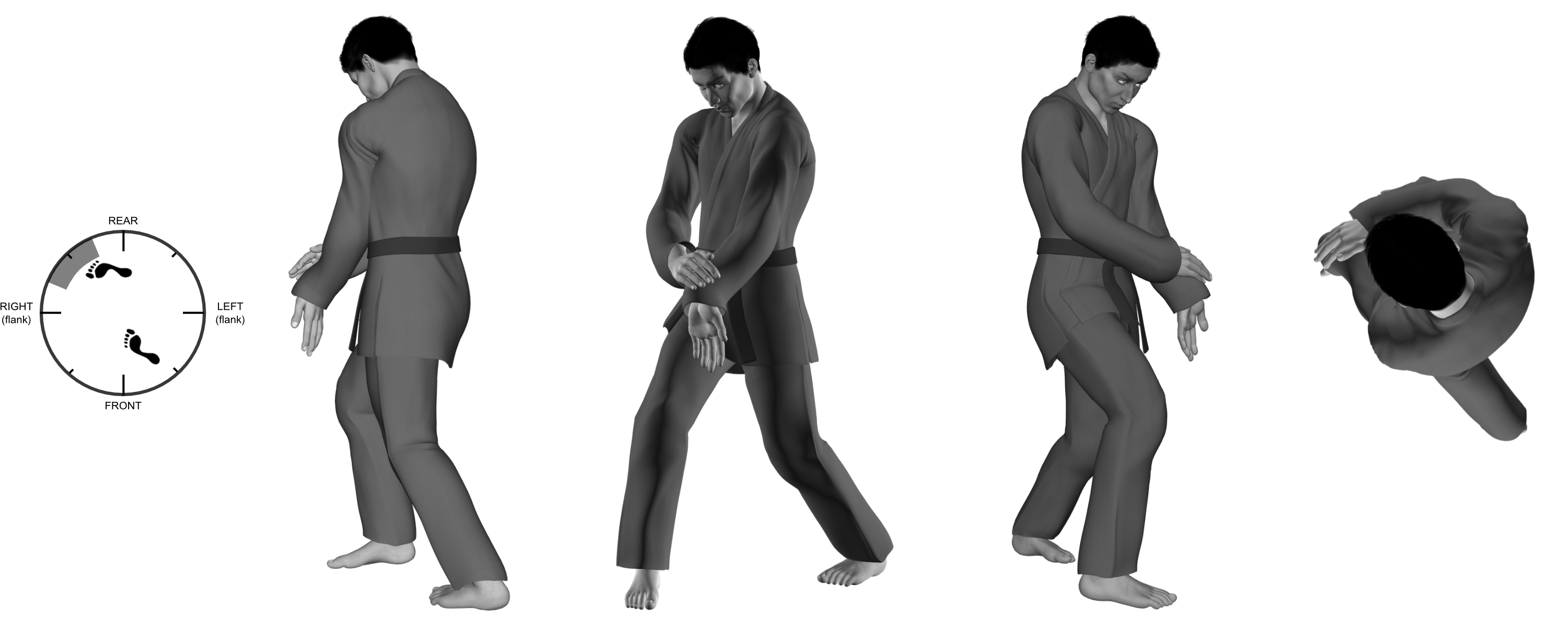 1e) (left) heel-palm from (right) forward bow, with head bowed 1e) (left) heel-palm from (right) forward bow, with head bowed