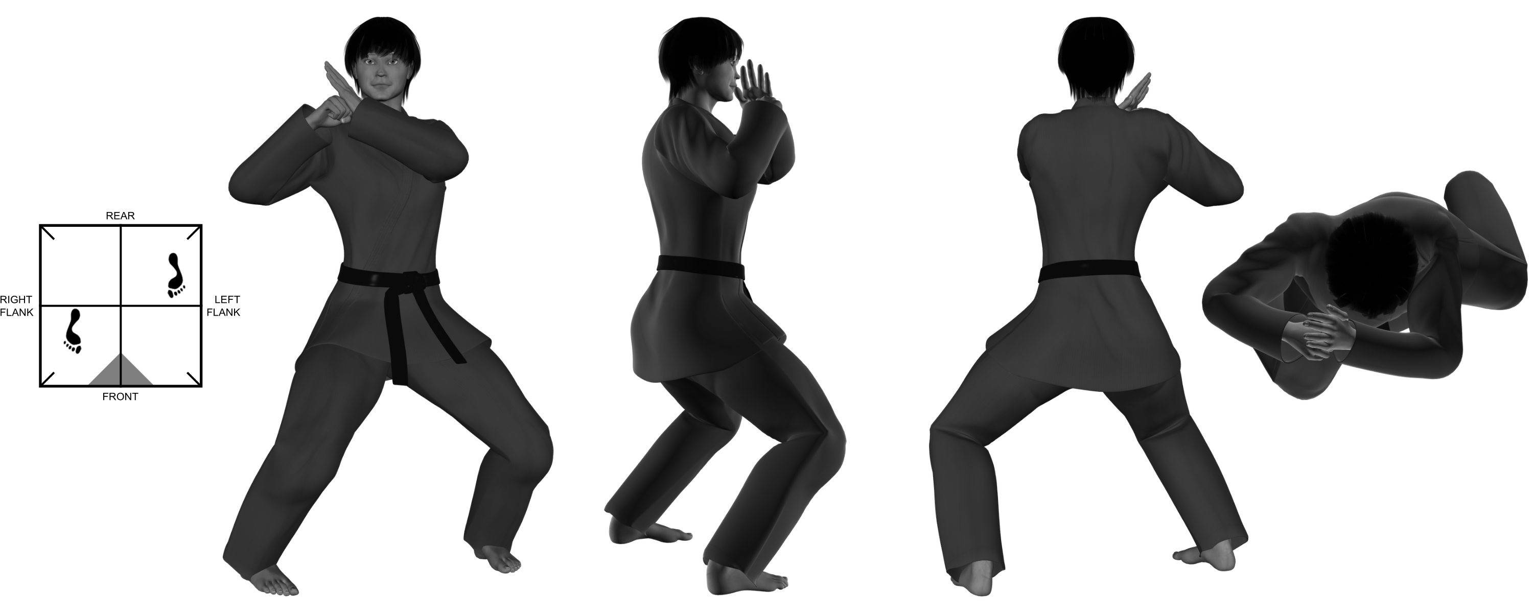 1b) (left) step-out with (left) hand over (right) fist at (right) shoulder into (right) (modified) neutral bow 1b) (left) step-out with (left) hand over (right) fist at (right) shoulder into (right) (modified) neutral bow