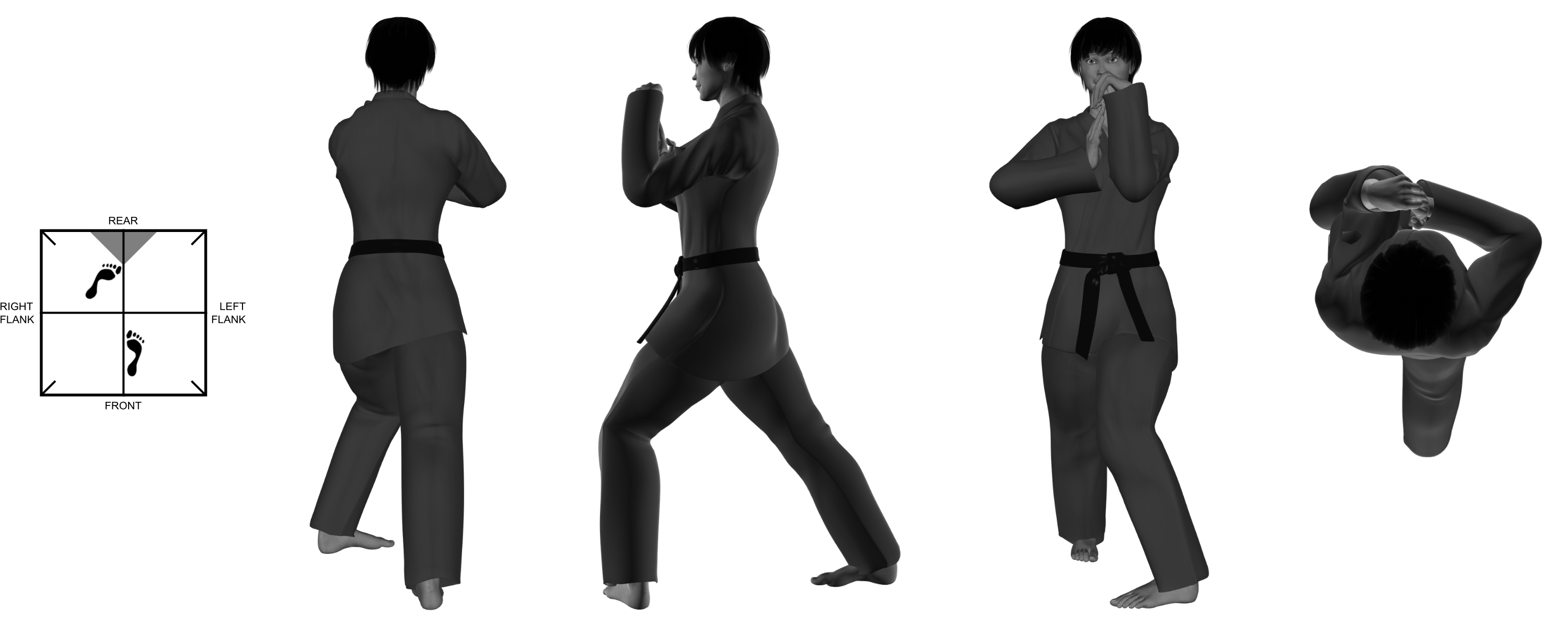 5b) (left) shape of crane with (right) hand positioning from (left) forward bow 5b) (left) shape of crane with (right) hand positioning from (left) forward bow