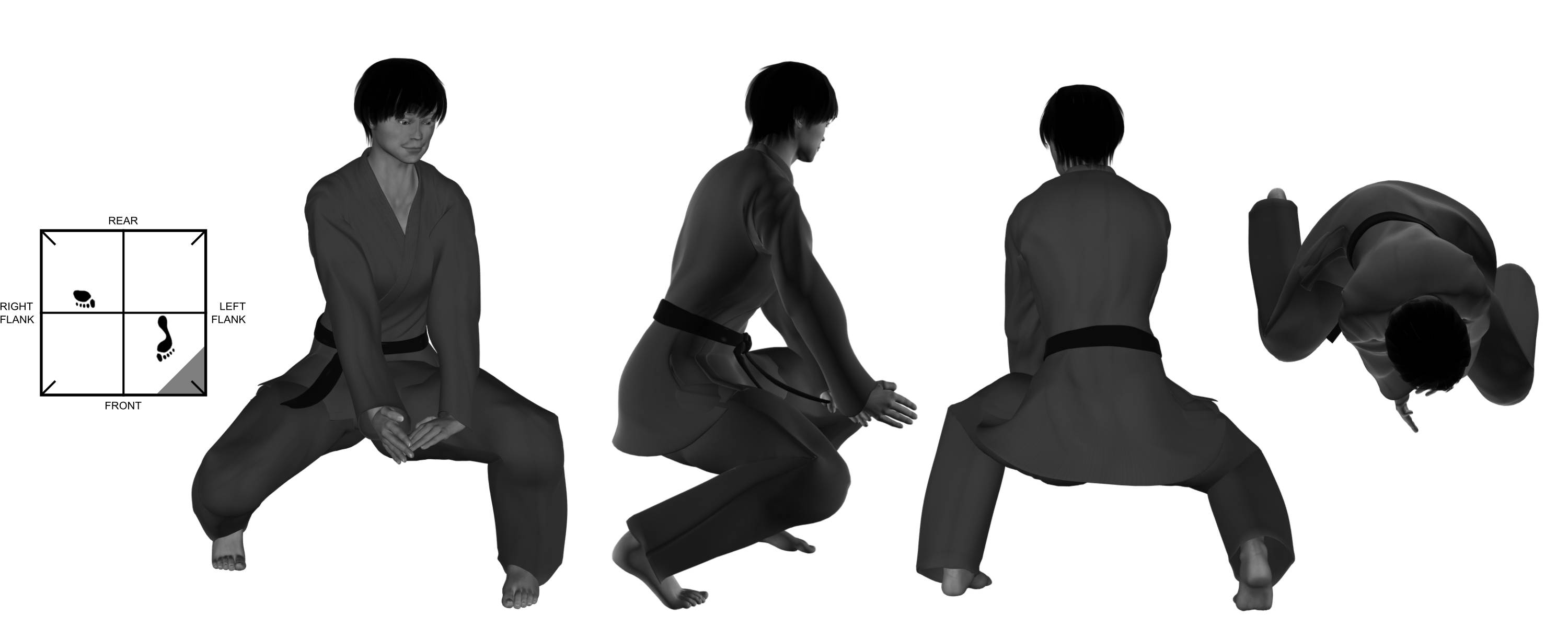 7) (left) press with (right) downward hand-sword from (left) wide kneel 7) (left) press with (right) downward hand-sword from (left) wide kneel