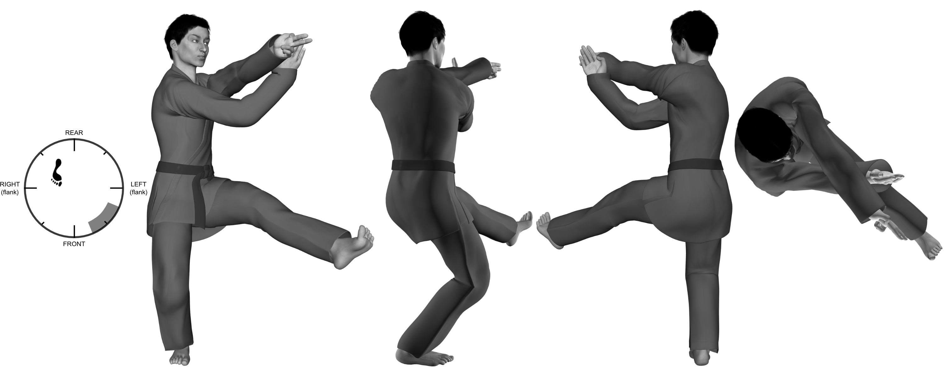 1b) (left) front kick with (left) 2-finger poke