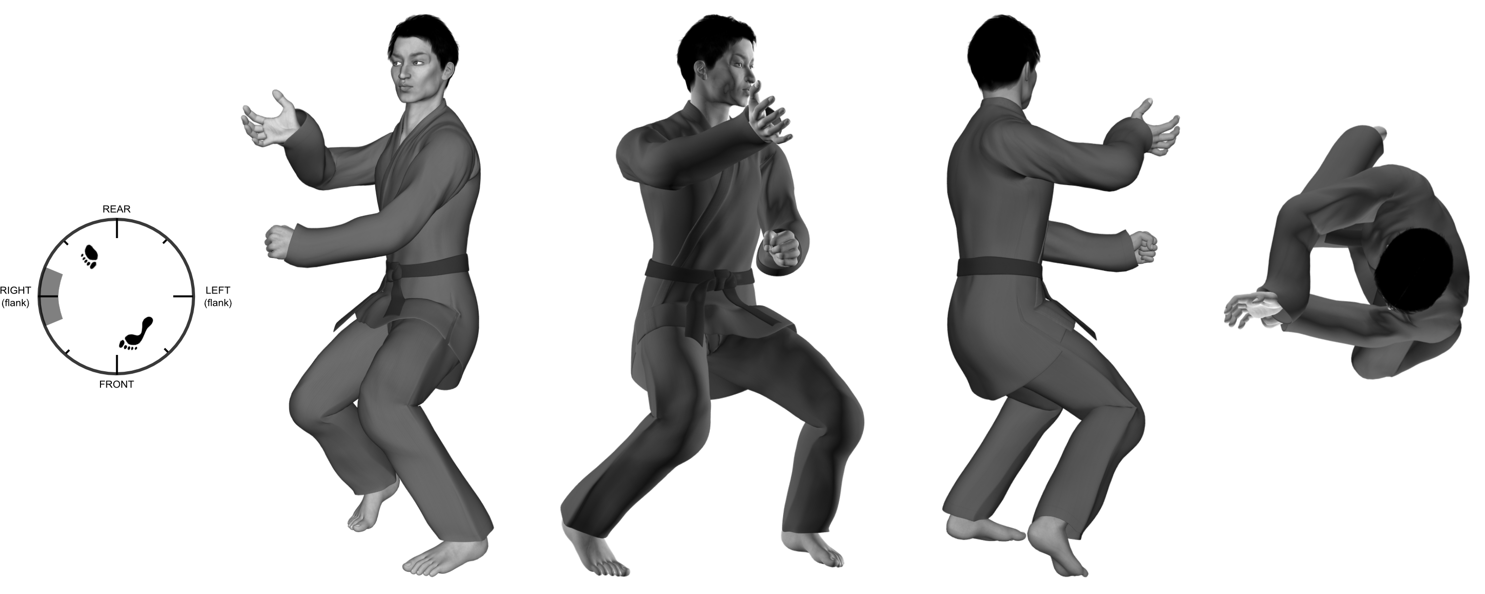 2) (left) back-knuckle with (right) heel-palm (claw) from (left) wide kneel