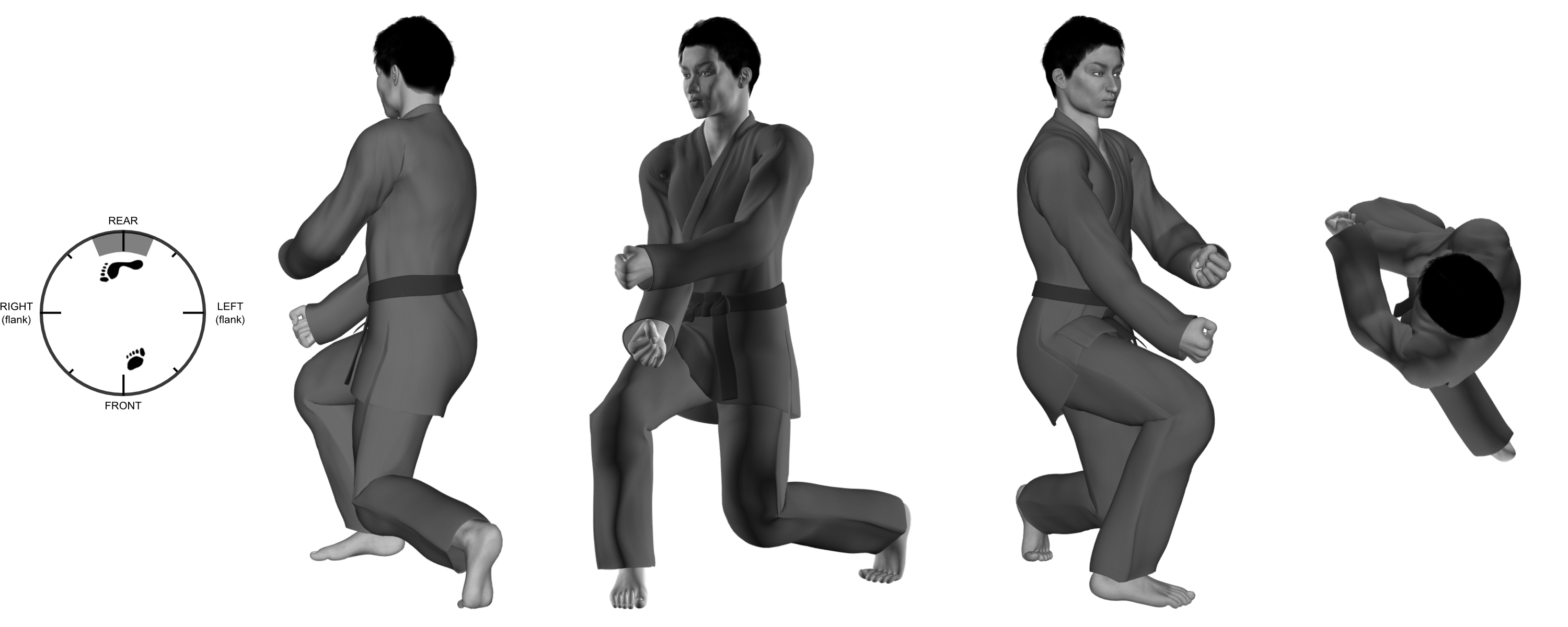 3) (right) back-knuckle with (left) punch (with left knee) from (right) close kneel