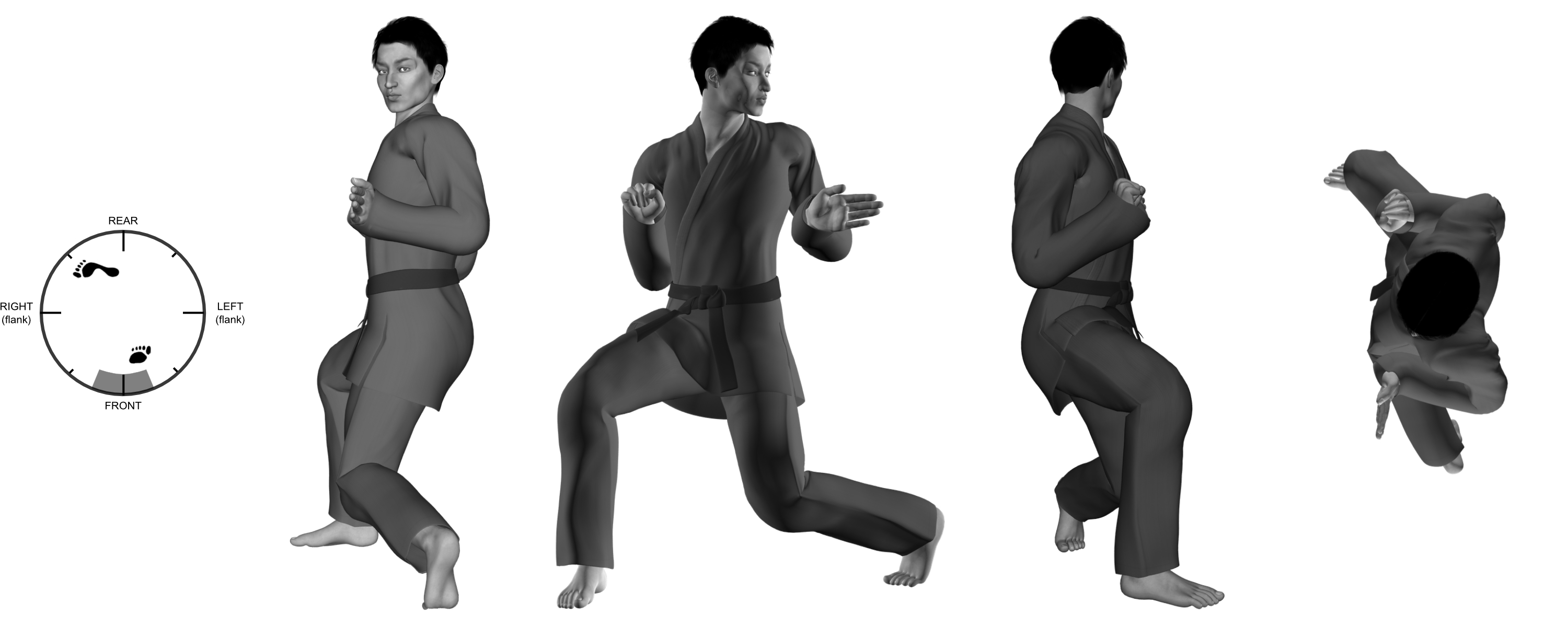 1b) (left) knee with (left) heel-palm (break) from (left) rear close kneel