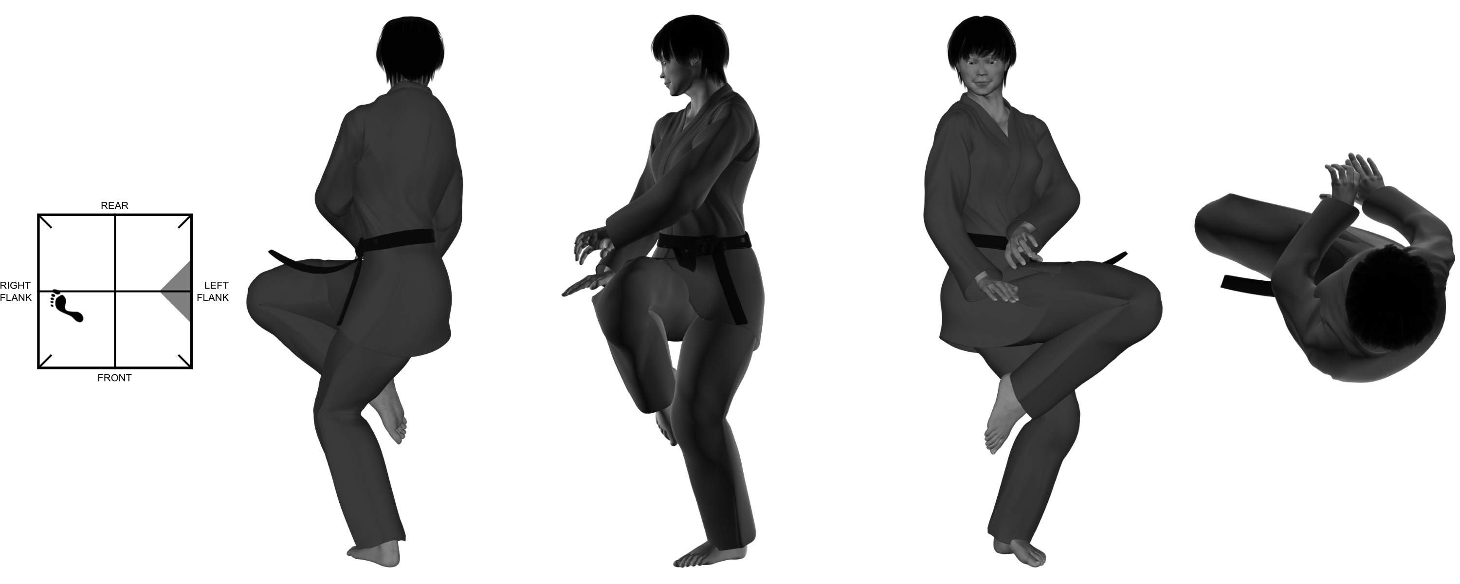 4) (right) upward diagonal knee kick from (left) one-legged stance