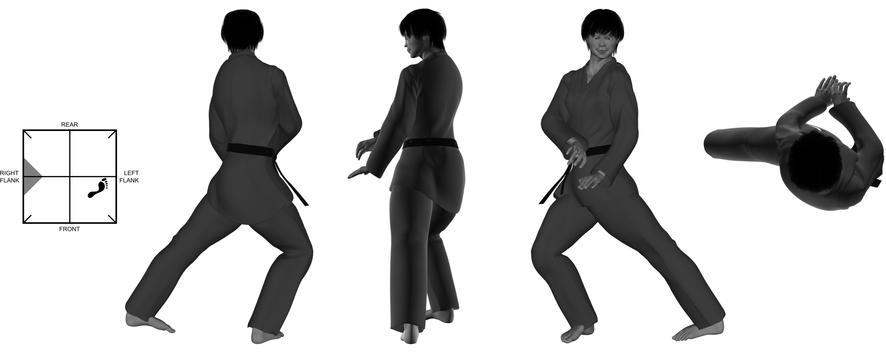 5) (left) downward diagonal heel kick from (right) one-legged stance