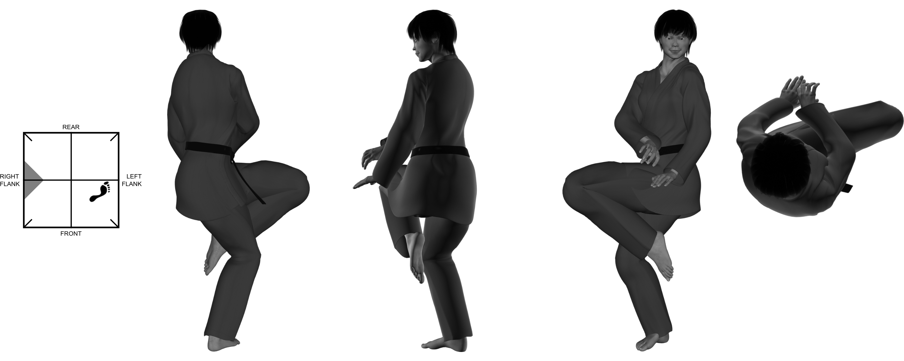 4) (left) upward diagonal knee kick from (right) one-legged stance