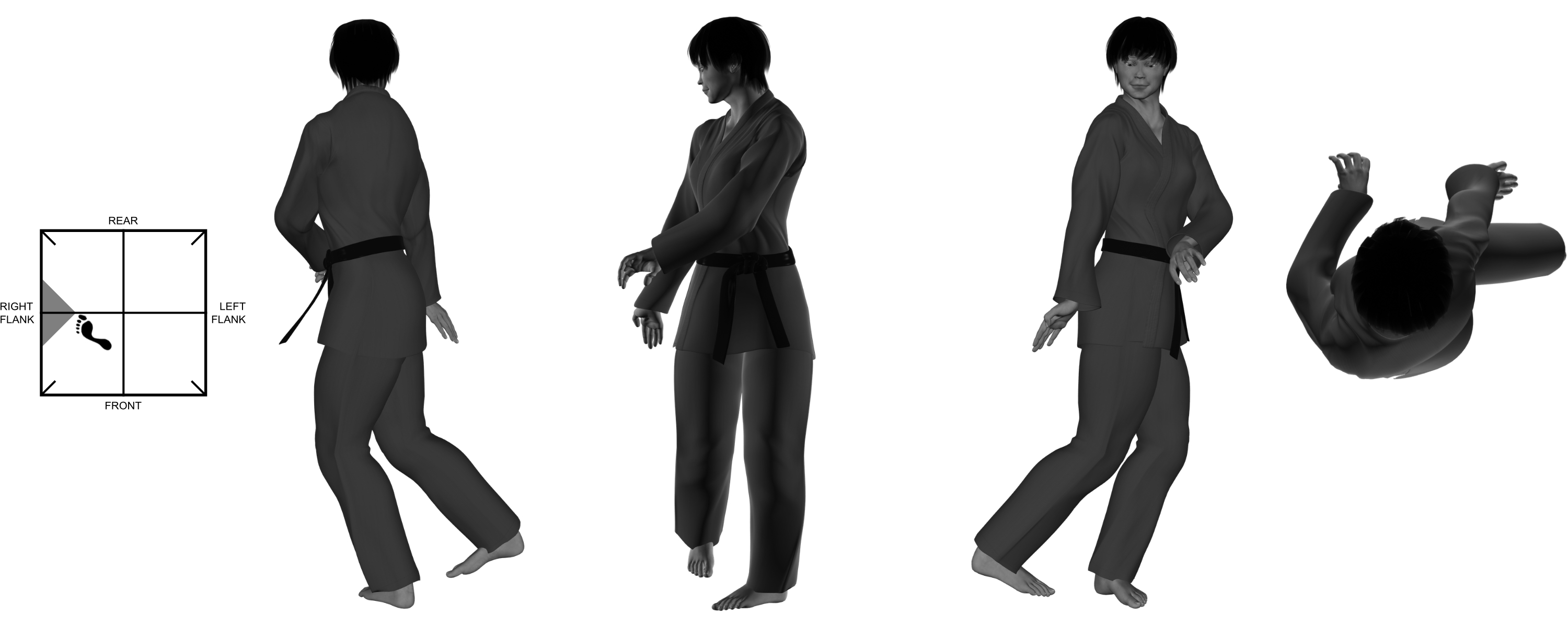 7b) (right) reverse shovel kick from (left) one-legged stance