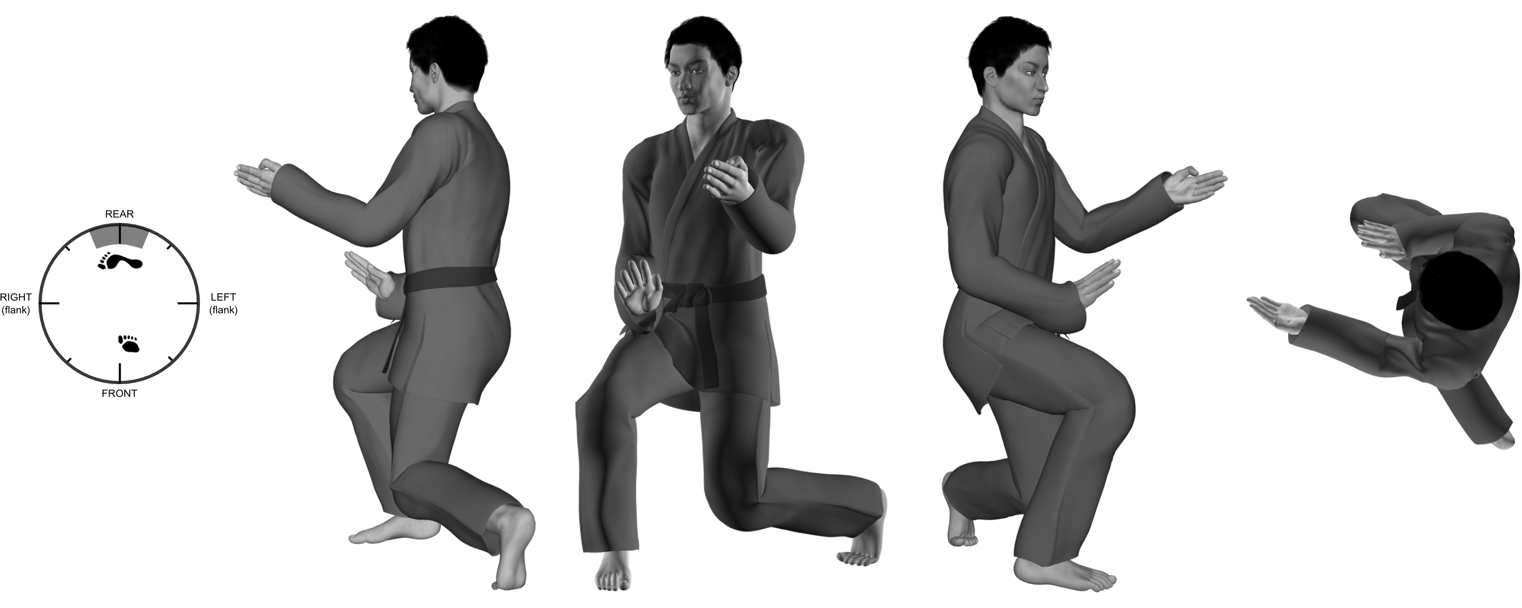 5) (left) inward-downward-diagonal hand-sword from (left) rear close kneel with (right) positional cover