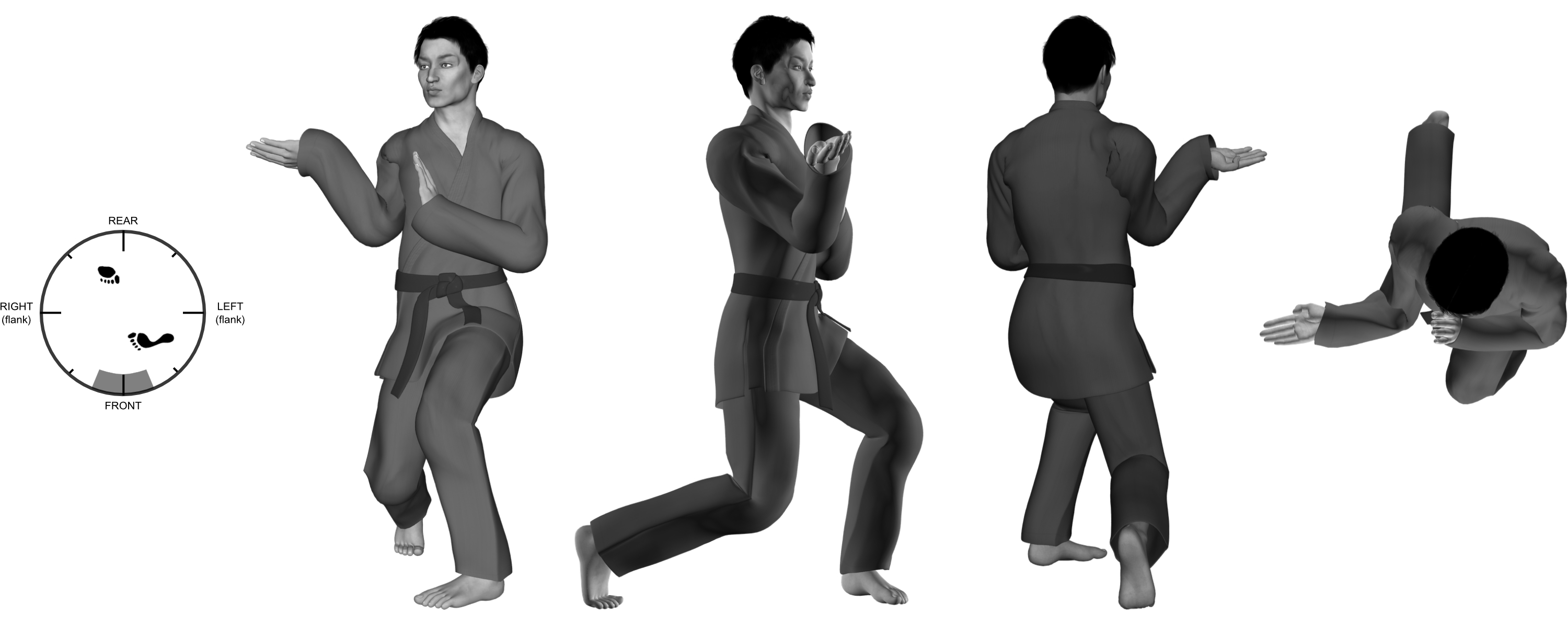 6) (right) inward-upward-diagonal hand-sword from (left) close kneel with (left) positional cover