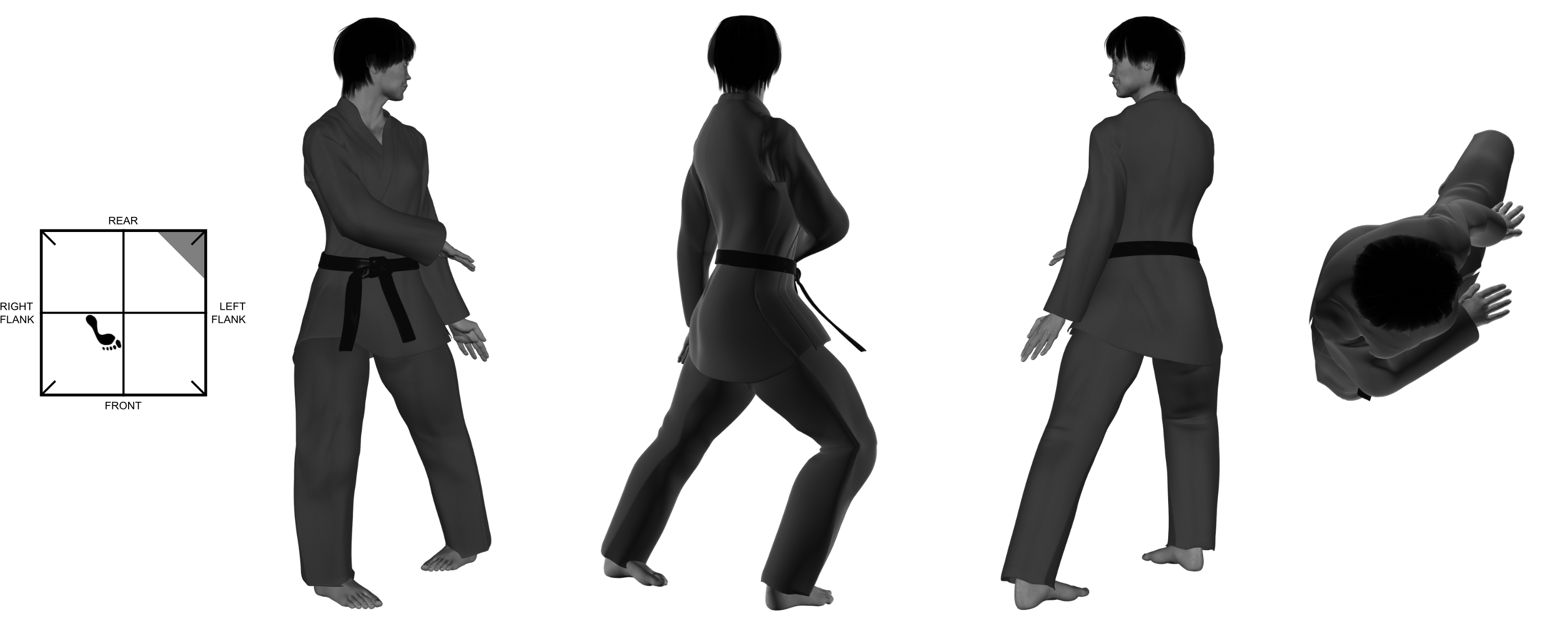 1f) (left) back (stomping) heel kick from (right) one-legged stance