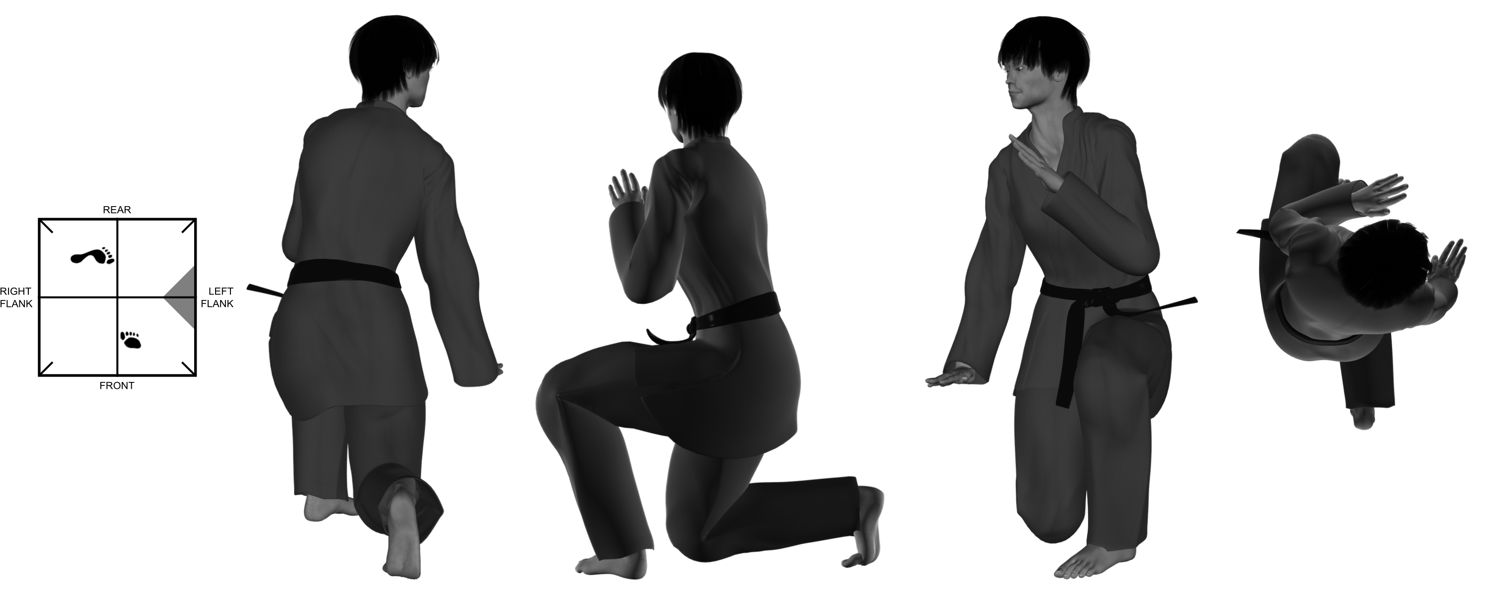 9) (right) downward knee with (right) downward heel-palm from (left) close kneel 9) (right) downward knee with (right) downward heel-palm from (left) close kneel
