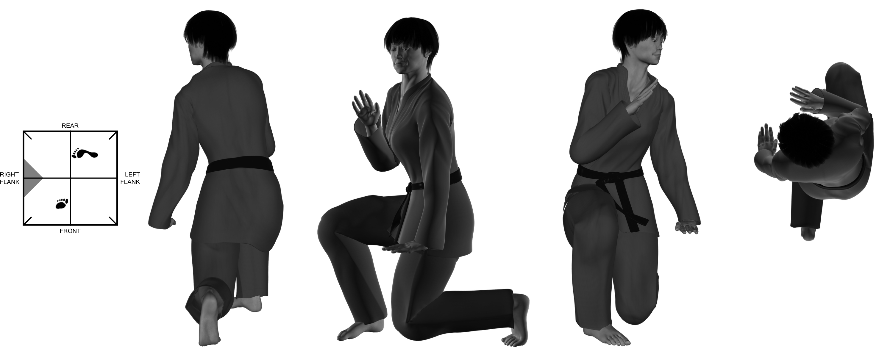 9) (left) downward knee with (left) downward heel-palm from (right) close kneel 9) (left) downward knee with (left) downward heel-palm from (right) close kneel