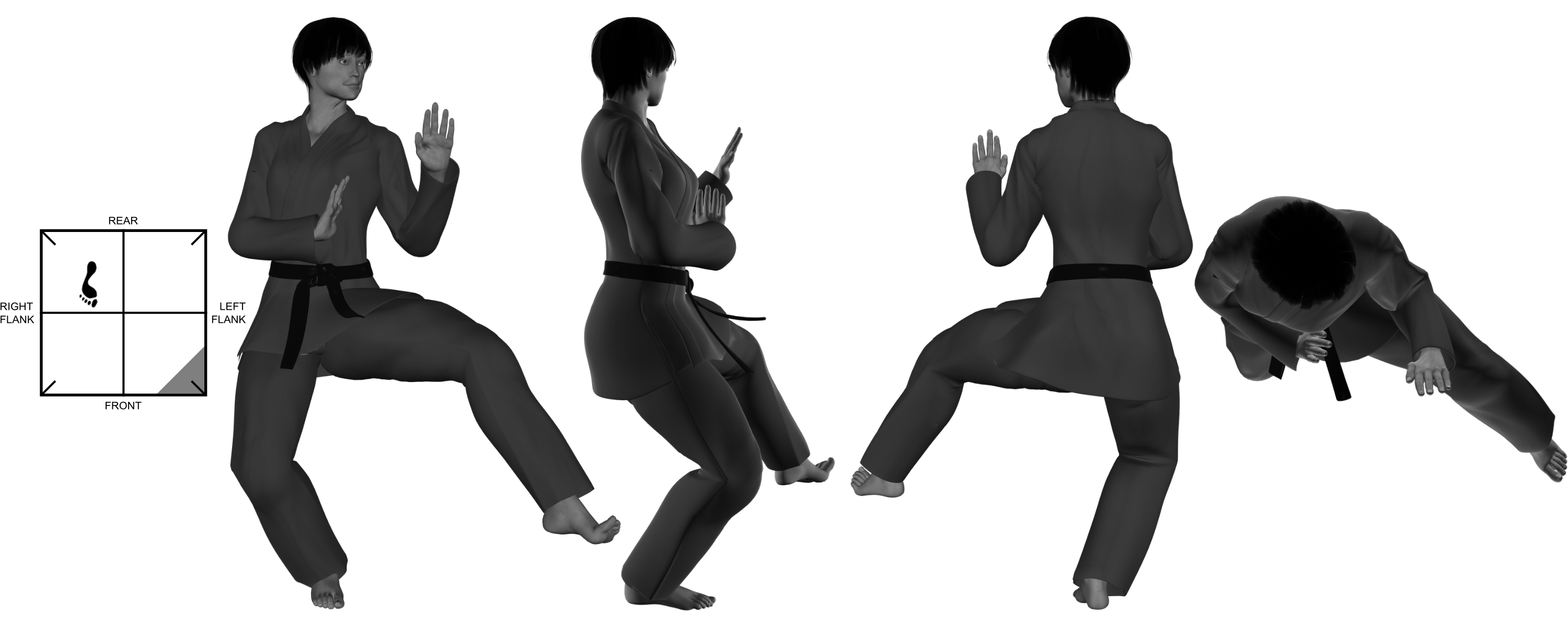 8a) (left) scoop kick (chicken) from (right) one-legged stance