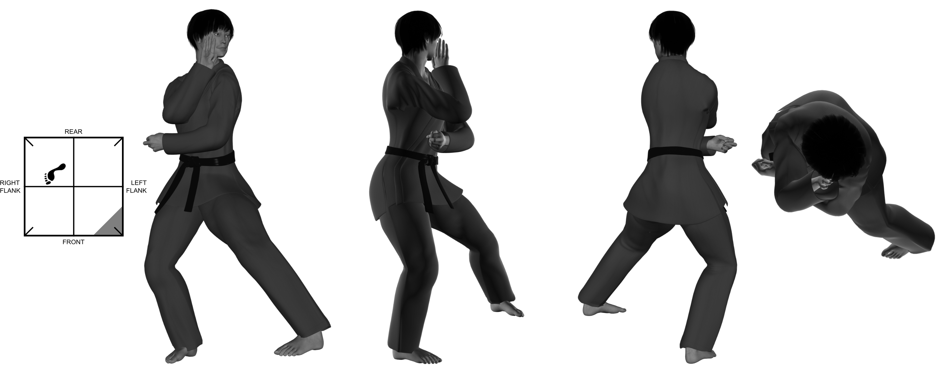 2) (left) side kick from (right) one-legged stance