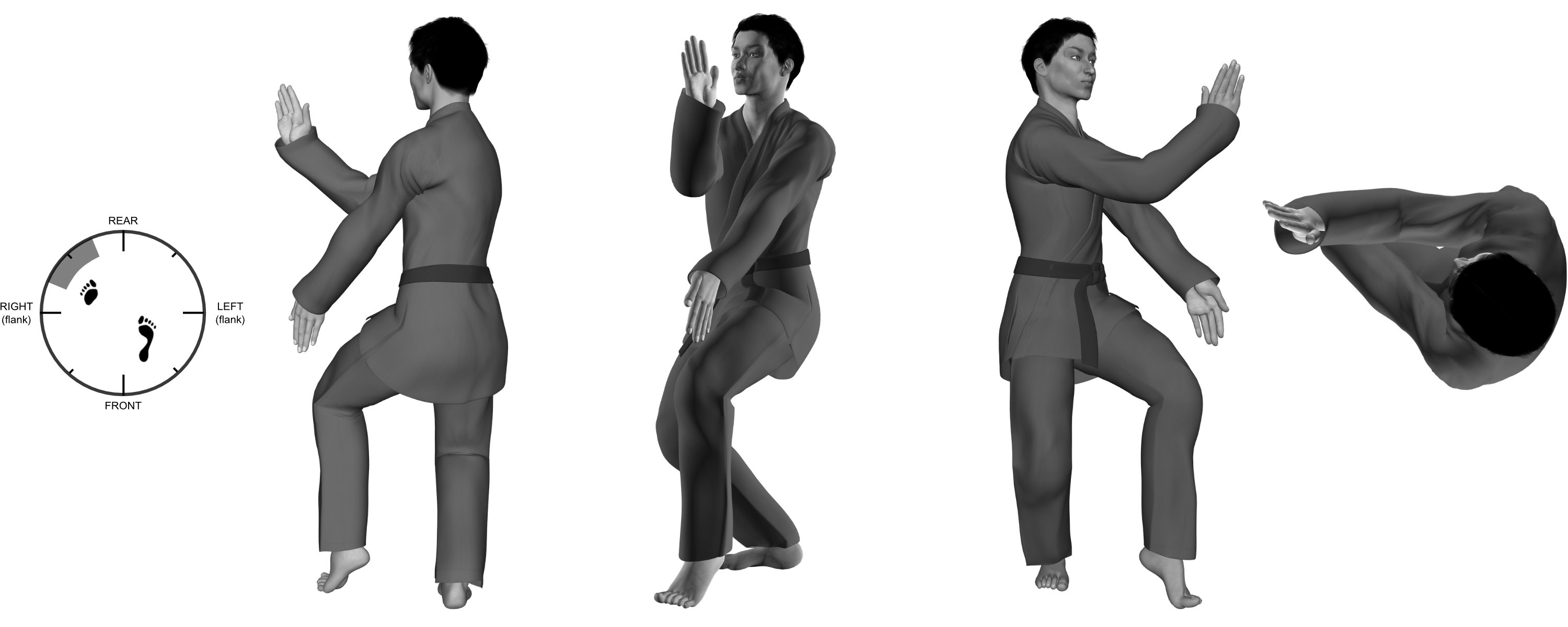 1a) (left) downward parry with (right) inward parry from (left) 45 degree cat (a.k.a. framing)