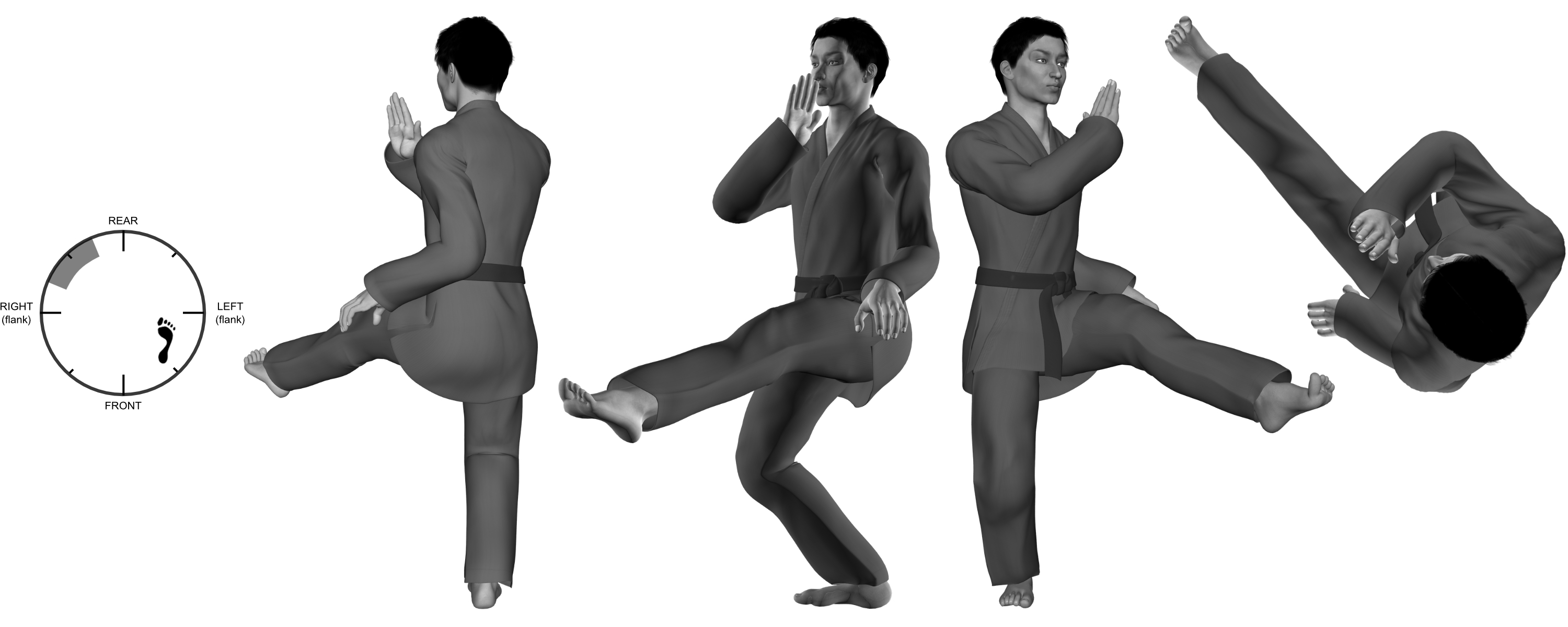 1d) (left) front (ball) kick with (left) pull from (right) one-legged stance