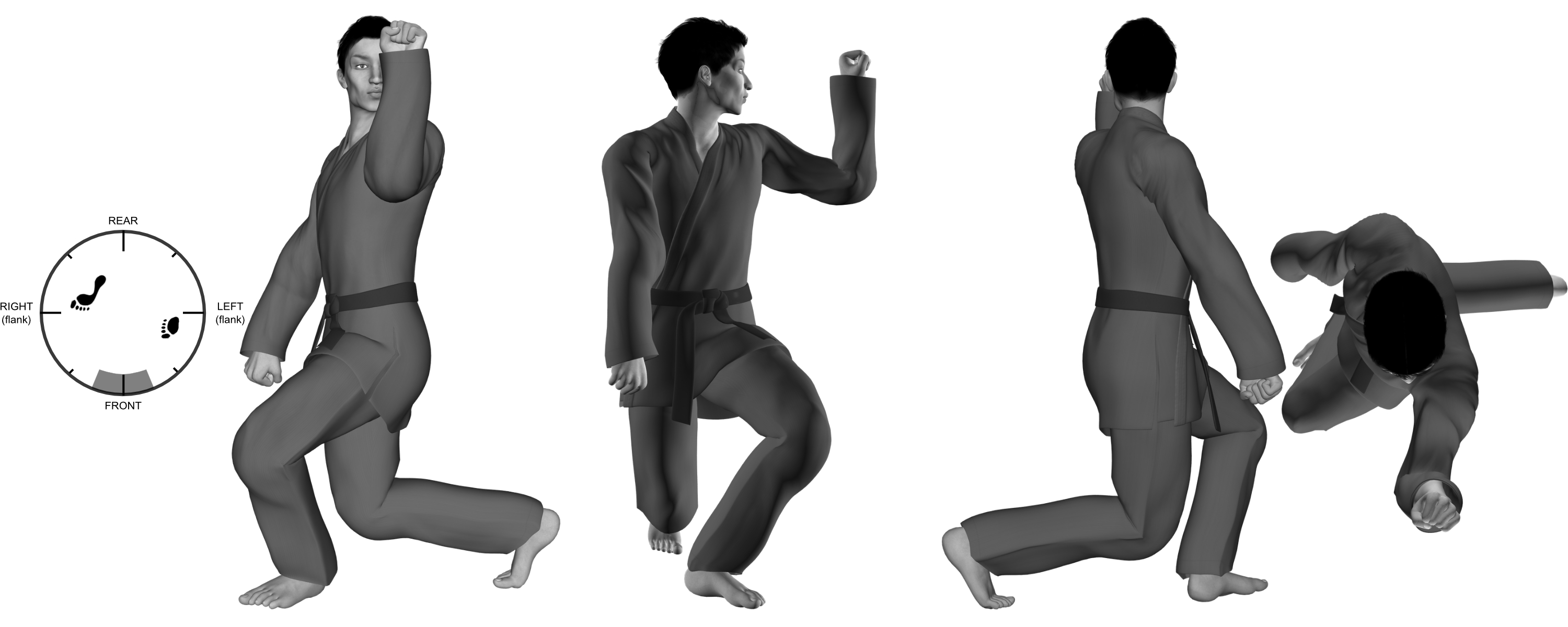 1a) (left) extended-outward block from (left) modified twist stance